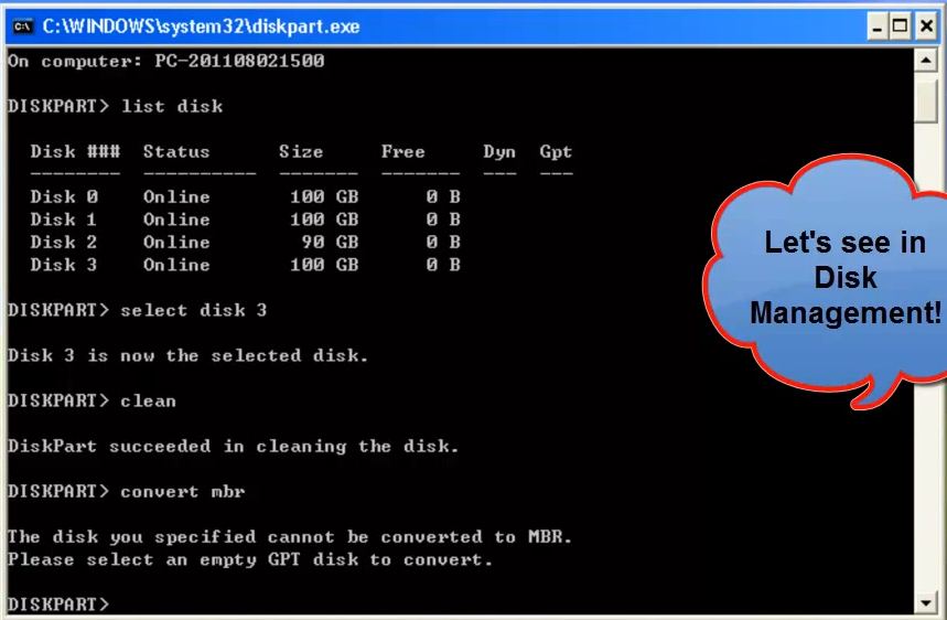 Formatting a GPT Protective Partition in DX8100 with Windows XP.