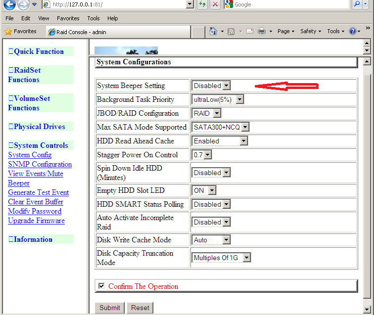 How to disable the ARECA RAID Controller Beeper in the BIOS & or the