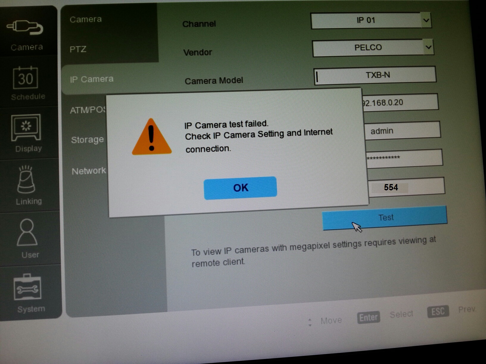 IP Camera test failed. Check IP Camera Setting and connection on the DX4700/DX4800.