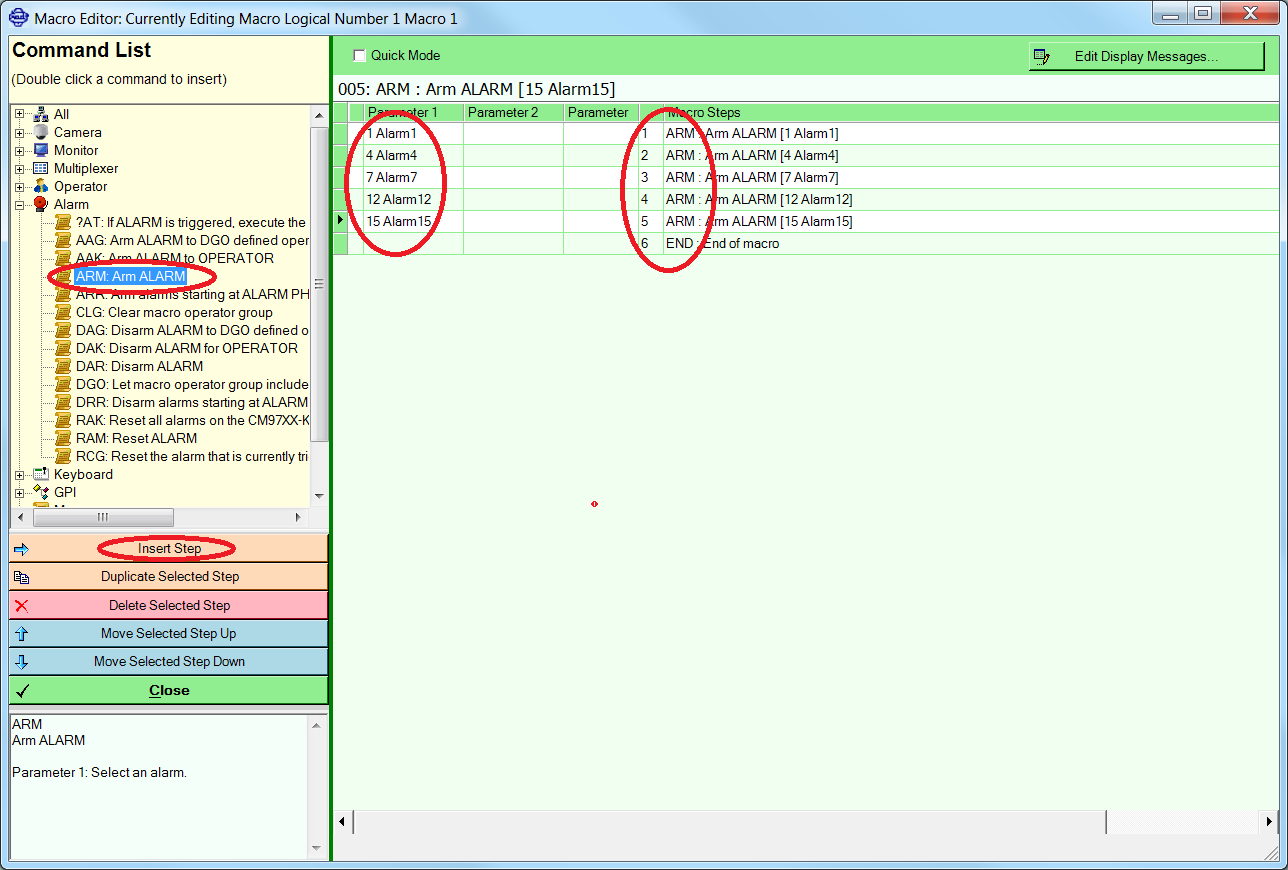 How to arm an alarm or range of alarms when using a CM9700 Matrix System.