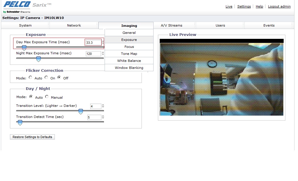 Adjust for fluorescent lighting using Sarix surevision Series cameras.