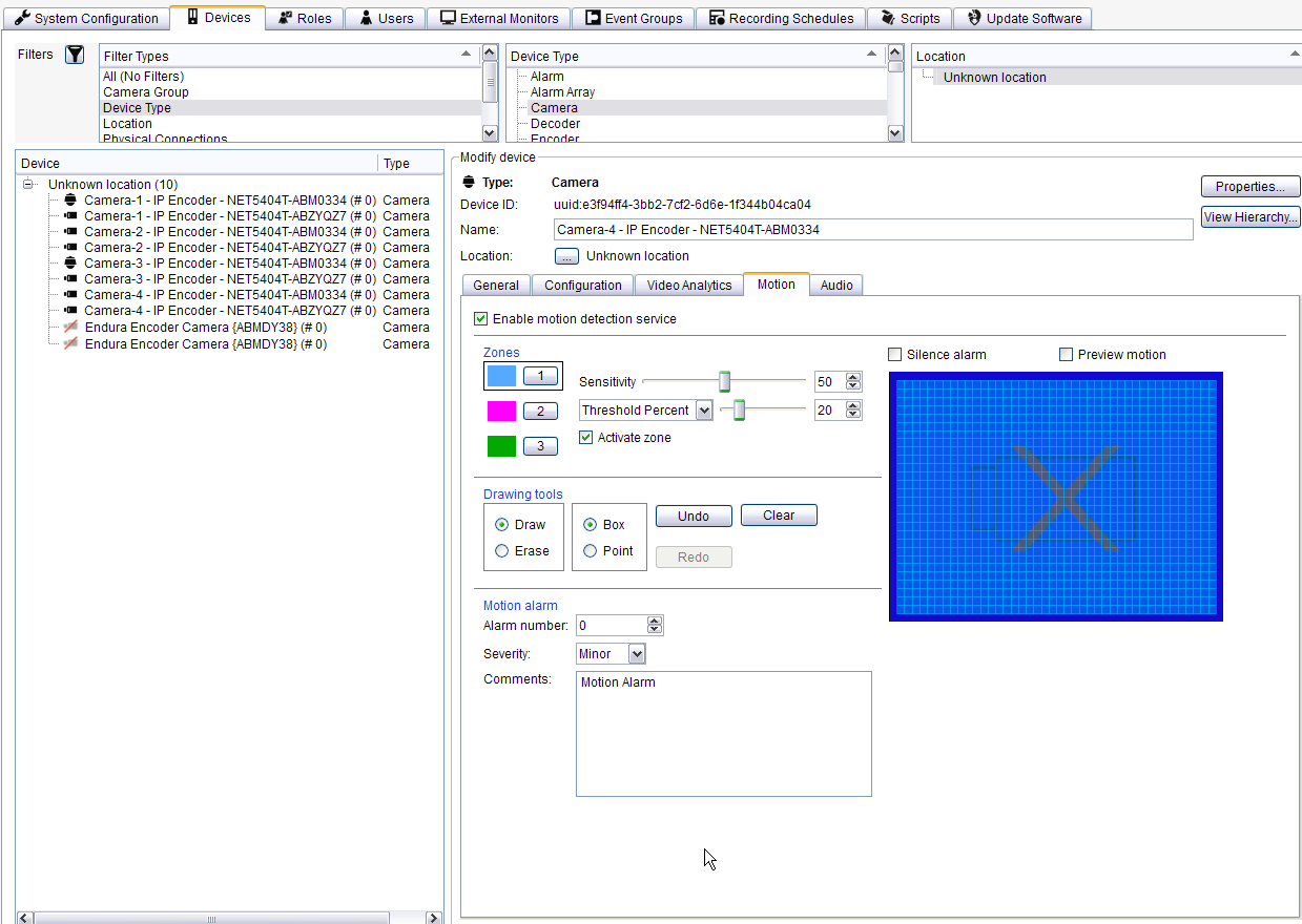 Configuring Camera Motion Detection and Recording Schedules in Endura