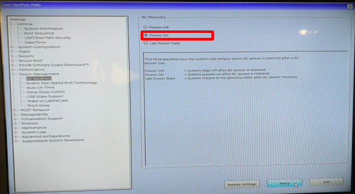 VideoXpert Enterprise: How to enable AC Recovery to Power On for VX-A4 ...