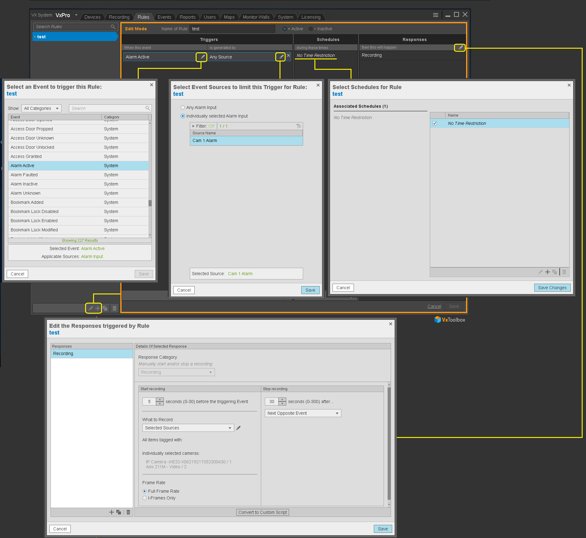 VideoXpert How to configure alarm recording using the rules engine.