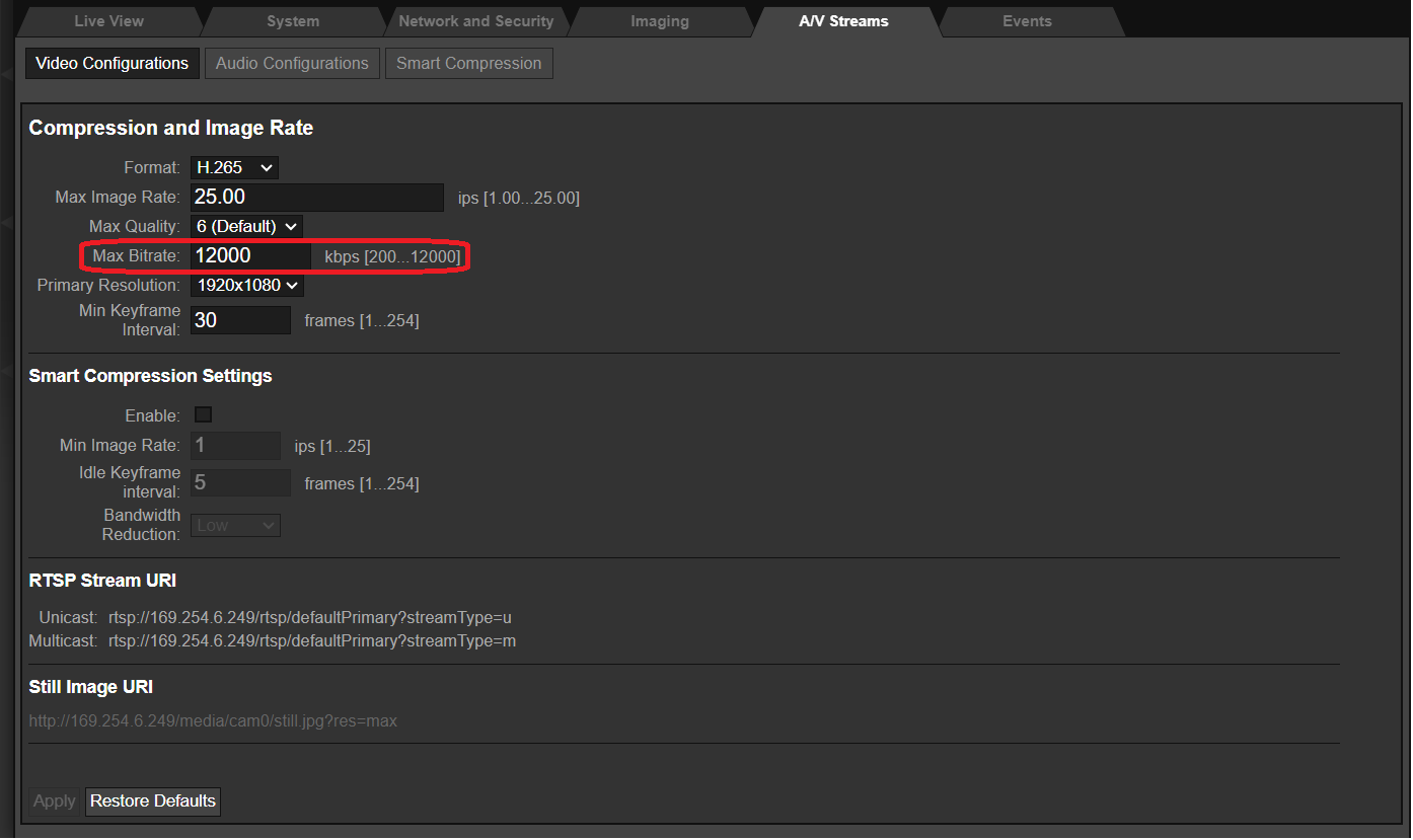 What is the Minimum and Maximum Bitrate available on Sarix Pro 4 Cameras?